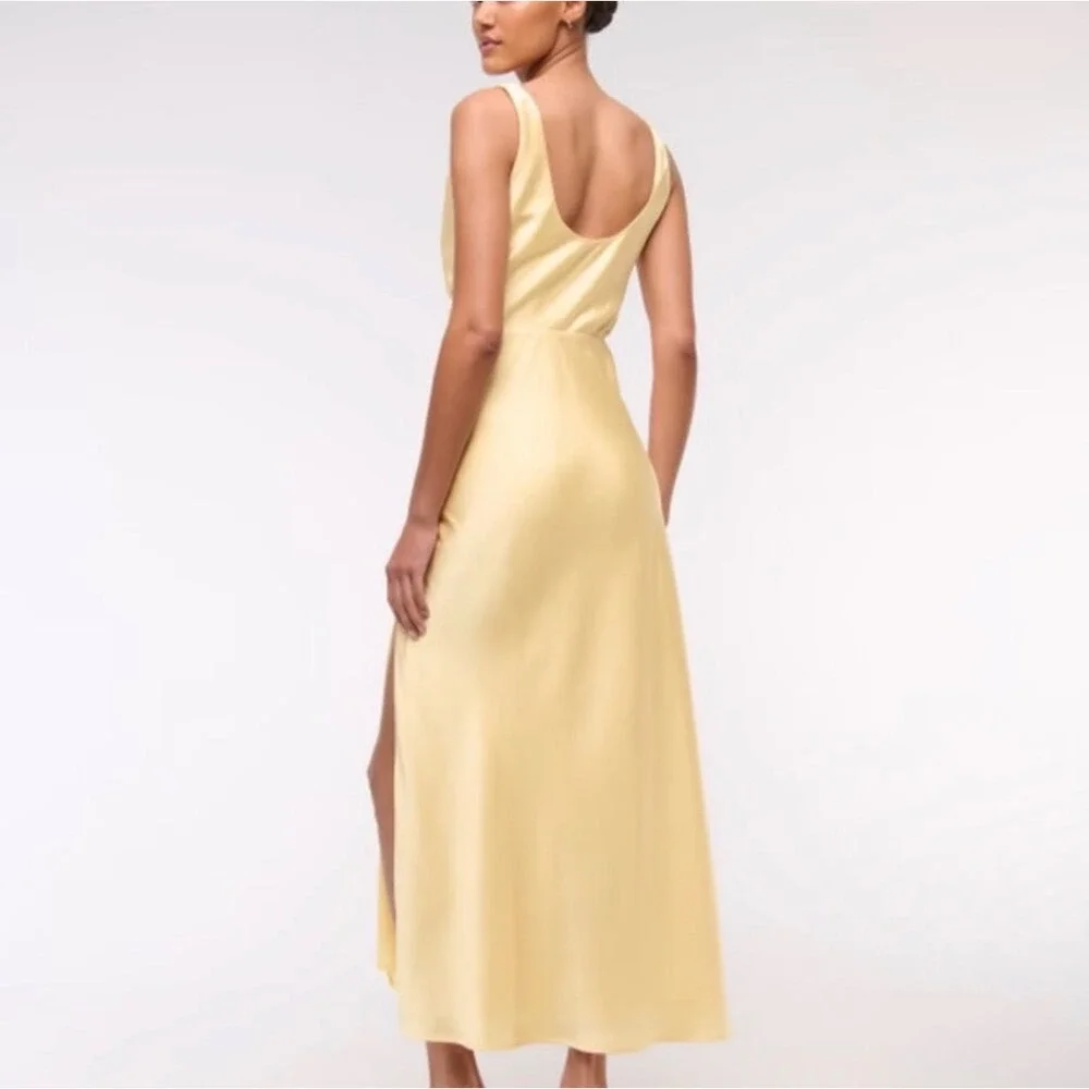 NWT Abercrombie & Fitch Cowl Neck Draped Maxi Dress Satin Sunny Yellow MP Petite